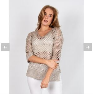 Joseph Ribkoff V Neck Crochet Knit Sweater Sequin Champange Size XXL